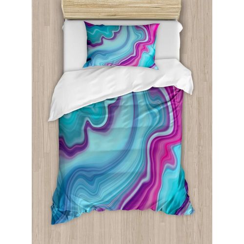  Ambesonne Marble Print Duvet Cover Set, Abstract Color Formation Wavy Aqua Pink Lines Agate Slab Mineral Geographic, Decorative 2 Piece Bedding Set with 1 Pillow Sham, Twin Size, A