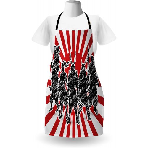  Ambesonne Japanese Apron, Group of Samurai Ninja Posing and Getting Ready on Unusual Striped Retro Backdrop, Unisex Kitchen Bib with Adjustable Neck for Cooking Gardening, Adult Si