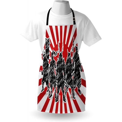  Ambesonne Japanese Apron, Group of Samurai Ninja Posing and Getting Ready on Unusual Striped Retro Backdrop, Unisex Kitchen Bib with Adjustable Neck for Cooking Gardening, Adult Si