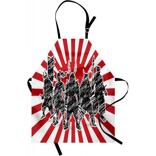  Ambesonne Japanese Apron, Group of Samurai Ninja Posing and Getting Ready on Unusual Striped Retro Backdrop, Unisex Kitchen Bib with Adjustable Neck for Cooking Gardening, Adult Si