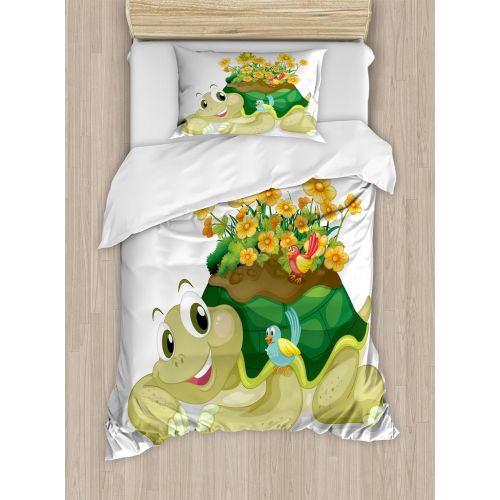  Ambesonne Reptile Duvet Cover Set, Funny Floral Turtle Talking Colorful Humming Birds Tortoise Ninja Inspired Print, Decorative 2 Piece Bedding Set with 1 Pillow Sham, Twin Size, M