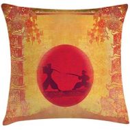 Ambesonne Japanese Throw Pillow Cushion Cover, Warrior Ninjas at Sunset Between Building Flowers? Theme Japanese Print, Decorative Square Accent Pillow Case, 16 X 16, Mustard Purpl