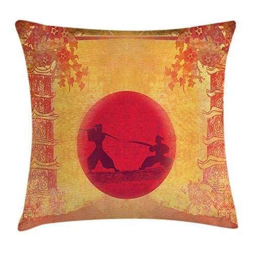  Ambesonne Japanese Throw Pillow Cushion Cover, Warrior Ninjas at Sunset Between Building Flowers? Theme Japanese Print, Decorative Square Accent Pillow Case, 16 X 16, Mustard Purpl