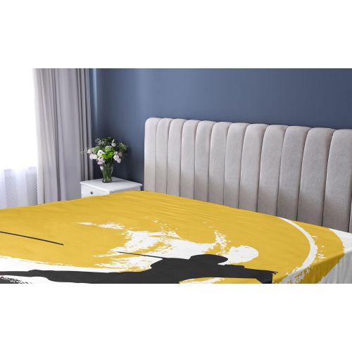  Ambesonne Japanese Fitted Sheet, Watercolor Style Silhouette?Ninjas in The Moonlight Medieval, Soft Decorative Fabric Bedding All-Round Elastic Pocket, Full Size, Vermilion Mustard
