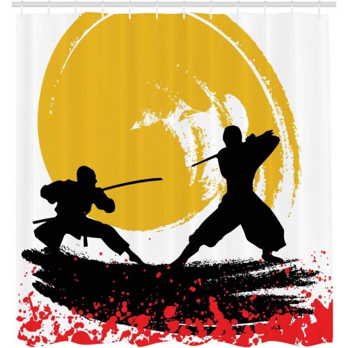  Ambesonne Japanese Shower Curtain, Watercolor Style Silhouette?Ninjas in The Moonlight Medieval, Cloth Fabric Bathroom Decor Set with Hooks, 69 W x 75 L, Vermilion Mustard