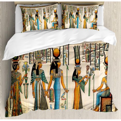  Ambesonne Egyptian Duvet Cover Set King Size, Egyptian Hieroglyphs on The Wall Stone Surface Scripts Ancient Arts Theme Image, Decorative 3 Piece Bedding Set with 2 Pillow Shams, P