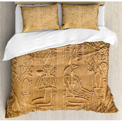  Ambesonne Egyptian Duvet Cover Set King Size, Egyptian Hieroglyphs on The Wall Stone Surface Scripts Ancient Arts Theme Image, Decorative 3 Piece Bedding Set with 2 Pillow Shams, P
