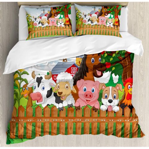  Ambesonne Cartoon Duvet Cover Set Twin Size, Composition Cute Farm Animals on Fence Comic Mascots with Dog Cow Horse Kids Design, Decorative 2 Piece Bedding Set with 1 Pillow Sham,