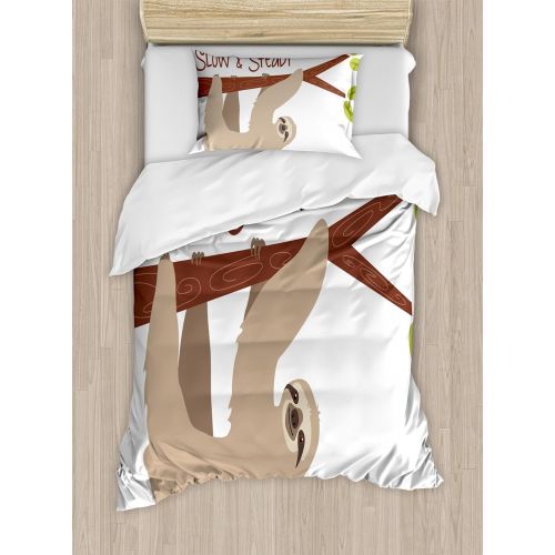 Ambesonne Cartoon Duvet Cover Set Twin Size, Composition Cute Farm Animals on Fence Comic Mascots with Dog Cow Horse Kids Design, Decorative 2 Piece Bedding Set with 1 Pillow Sham,
