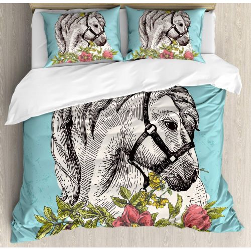  Ambesonne Floral Duvet Cover Set Twin Size, Boho Style Horse Opium Blossoms Poppy Wreath Equestrian Illustration, Decorative 2 Piece Bedding Set with 1 Pillow Sham, Turquoise Apple