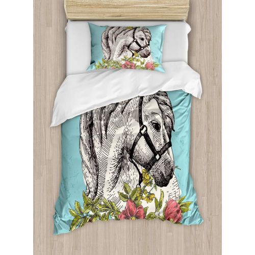  Ambesonne Floral Duvet Cover Set Twin Size, Boho Style Horse Opium Blossoms Poppy Wreath Equestrian Illustration, Decorative 2 Piece Bedding Set with 1 Pillow Sham, Turquoise Apple