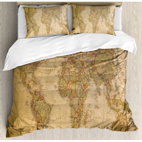  Ambesonne World Map Duvet Cover Set King Size, Anthique Old World Map in Retro Colors Vintage Nostalgic Design Art Print, Decorative 3 Piece Bedding Set with 2 Pillow Shams, Cream