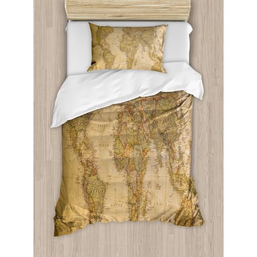  Ambesonne World Map Duvet Cover Set King Size, Anthique Old World Map in Retro Colors Vintage Nostalgic Design Art Print, Decorative 3 Piece Bedding Set with 2 Pillow Shams, Cream