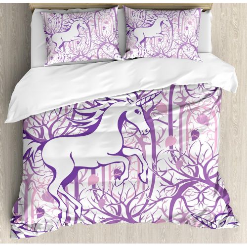  Ambesonne Unicorn Home and Kids Decor Duvet Cover Set, Unicorn Galloping on Curved Swirled Tree Branches in Forest Theme Design, A Decorative 3 Piece Bedding Set with Pillow Shams,