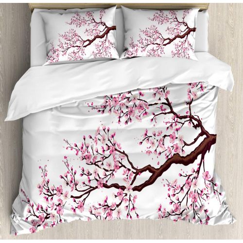  Ambesonne Japanese Duvet Cover Set, Branch of a Flourishing Sakura Tree Flowers Cherry Blossoms Spring Theme Art, 3 Piece Bedding Set with Pillow Shams, QueenFull, Pink Dark Brown