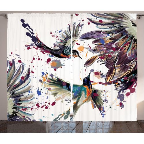  Ambesonne Hummingbirds Decorations Curtains, Art with Lily Flowers Birds and Color Splashes in Watercolor Painting Style, Living Room Bedroom Decor, 2 Panel Set, 108 W X 90 L inche