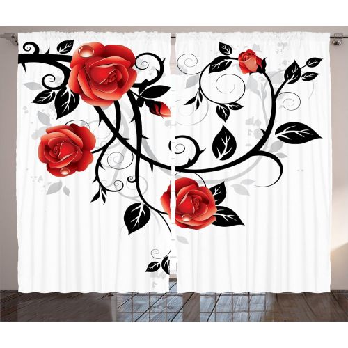  Ambesonne Gothic Curtains, Ornate Swirling Branches with Roses Garden Flower Grunge Style European, Living Room Bedroom Window Drapes 2 Panel Set, 108 W X 84 L inches, Vermilion Bl