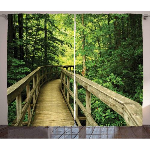  Ambesonne Lake House Decor Curtains, Stream Flowing in The Forest Over Mossy Rocks Tree Foliage Splash Summertime Hiking, Living Room Bedroom Decor, 2 Panel Set, 108 W X 90 L inche