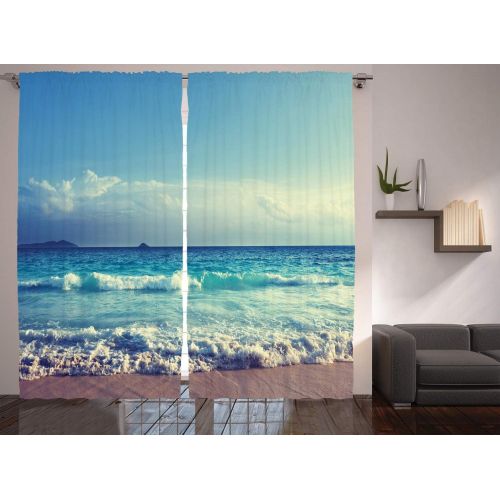  Ambesonne Tropical Island Decor Curtains, Ocean Waves Seychelles Beach in Sunset Time, Window Drapes 2 Panel Set for Living Room Bedroom, 108 W X 84 L inches