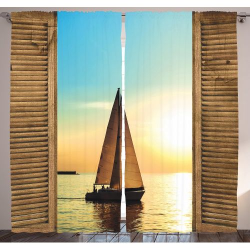  Ambesonne Ocean Decor Curtains, Sail Boat Through Wooden Windows Nautical Scenery View Picture, Window Drapes 2 Panel Set for Living Room Bedroom, 108 X 84 inches, Blue and Brown