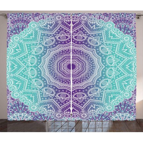  Ambesonne Purple and Turquoise Curtains, Hippie Ombre Mandala Inner Peace and Meditation with Ornamental Art, Living Room Bedroom Window Drapes 2 Panel Set, 108 W X 84 L inches, Pu