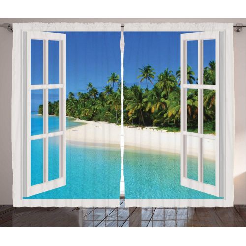  Ambesonne Turquoise Curtains, Ocean Paradise Island View from Gazebo Palm Tree Beach Theme Pictures Arts, Living Room Bedroom Window Drapes 2 Panel Set, 108 W X 84 L inches, Blue G