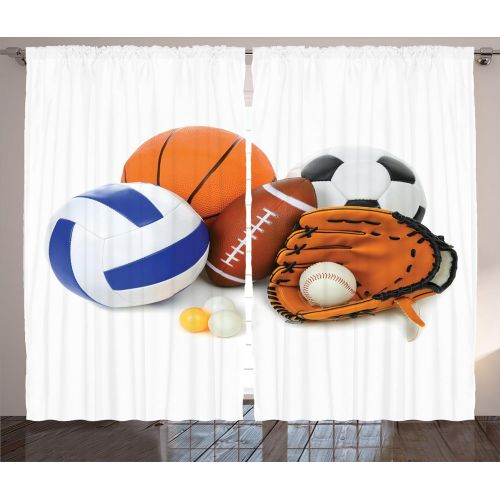  Ambesonne Sports Decor Curtains, Many Different Sports Balls All Together Championship Ping Pong Volleyball Olympics Concept, Living Room Bedroom Decor, 2 Panel Set, 108W X 84L inc