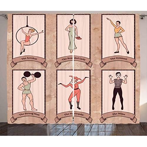  Ambesonne Circus Decor Curtains, Vintage Circus Characters Acrobat Bearded Lady Gymnast Strong Man Harlequin Mime, Window Drapes 2 Panel Set for Living Room Bedroom, 108 WX90 L Lig