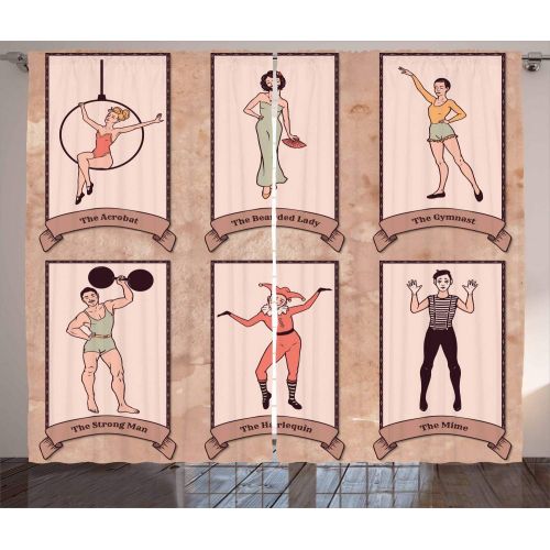  Ambesonne Circus Decor Curtains, Vintage Circus Characters Acrobat Bearded Lady Gymnast Strong Man Harlequin Mime, Window Drapes 2 Panel Set for Living Room Bedroom, 108 WX90 L Lig