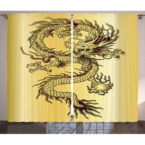  Ambesonne Dragon Curtains, Chinese Snake Dragon Theme Background Eastern Mythology Oriental Abstract Art, Living Room Bedroom Window Drapes 2 Panel Set, 108 W X 90 L inches, Mustar