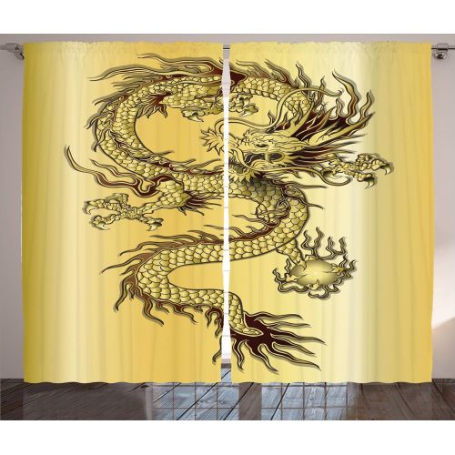  Ambesonne Dragon Curtains, Chinese Snake Dragon Theme Background Eastern Mythology Oriental Abstract Art, Living Room Bedroom Window Drapes 2 Panel Set, 108 W X 90 L inches, Mustar