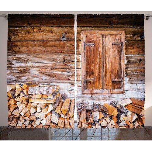  Ambesonne Shutters Decor Collection, Old Window at A Farm with Pile of Firewood Holiday Villa Rural Tranquil Scene Picture, Living Room Bedroom Curtain 2 Panels Set, 108 X 84 Inche