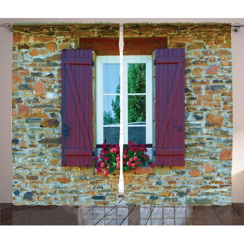  Ambesonne Shutters Decor Collection, Old Window at A Farm with Pile of Firewood Holiday Villa Rural Tranquil Scene Picture, Living Room Bedroom Curtain 2 Panels Set, 108 X 84 Inche