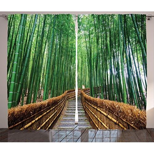  Ambesonne Jungle Curtains Decor, Tropical Nature Bridge Over Tree Bamboo Exotic Landscape Zen Spa Yoga Design, Living Room Bedroom Window Drapes 2 Panel Set, 108 W X 84 L Inches, G