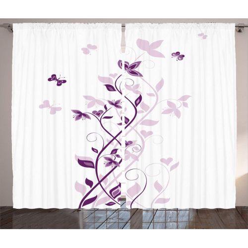  Ambesonne Girly Decor Curtains, Girl with Floral Umbrella and Dress Walking with Butterflies Inspirational Artsy Print, Living Room Bedroom Decor, 2 Panel Set, 108 W X 84 L inches,
