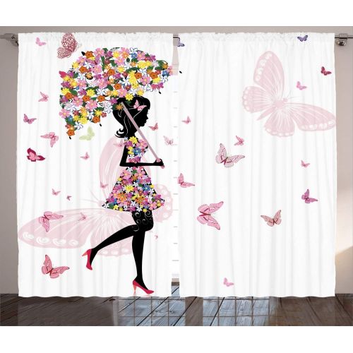  Ambesonne Girly Decor Curtains, Girl with Floral Umbrella and Dress Walking with Butterflies Inspirational Artsy Print, Living Room Bedroom Decor, 2 Panel Set, 108 W X 84 L inches,