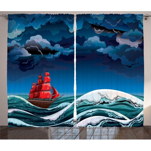  Ambesonne Nautical Curtains, Old Pirate Ship in The Sea Historical Legend Cruise Retro Voyage Grunge Style Art, Living Room Bedroom Window Drapes 2 Panel Set, 108 W X 84 L inches,