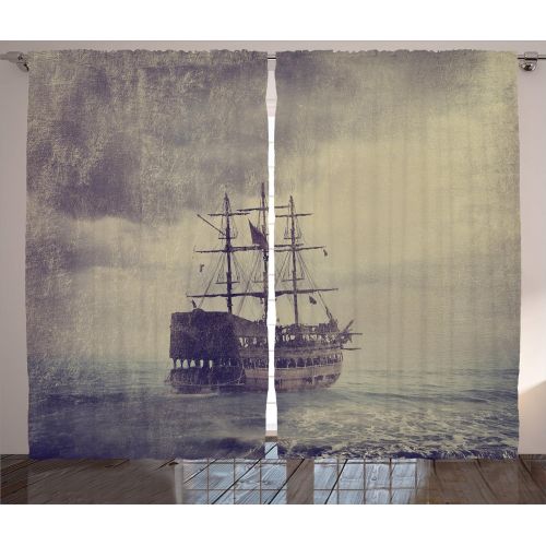  Ambesonne Nautical Curtains, Old Pirate Ship in The Sea Historical Legend Cruise Retro Voyage Grunge Style Art, Living Room Bedroom Window Drapes 2 Panel Set, 108 W X 84 L inches,
