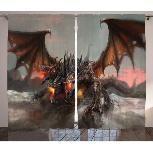  Ambesonne Fantasy World Decor Curtains, Illustration of Three Headed Fire Breathing Dragon Large Monster Gothic Theme, Living Room Bedroom Decor, 2 Panel Set, 108 W X 84 L inches,