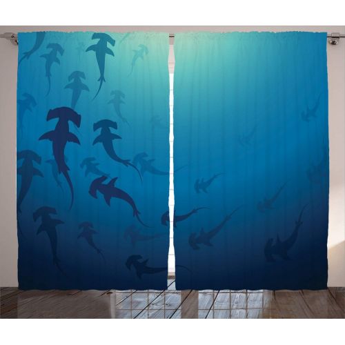  Ambesonne Royal Blue Curtains Sea Animals Decor, Hammerhead Shark School Ocean Dangerous Predator Wild Nature Picture, Living Room Bedroom Decor, 2 Panel Set, 108 W X 84 L inches,