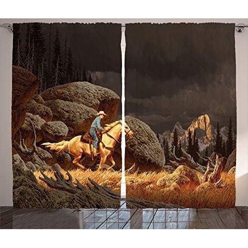  Ambesonne Western Curtains, A Rock Mountain Landscape with a Cowboy Riding Horse North America Style, Living Room Bedroom Window Drapes 2 Panel Set, 108 W X 84 L inches, Earth Yell