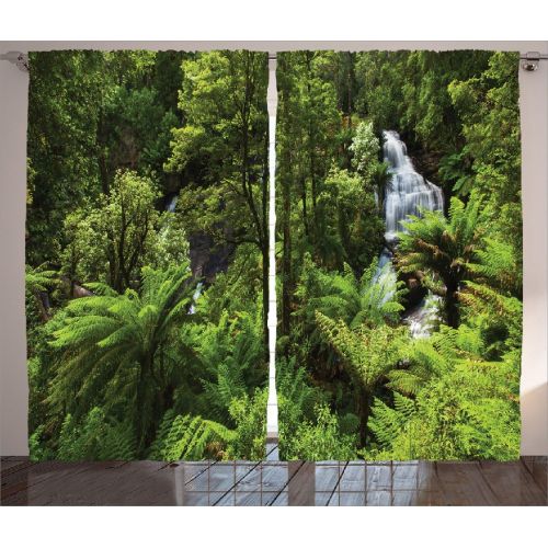  Ambesonne Jungle Curtains Lake House Decor, Stream Flowing in The Forest Over Mossy Rocks Tree Foliage Splash Summertime Hiking View, Living Room Bedroom Curtain 2 Panels Set, 108