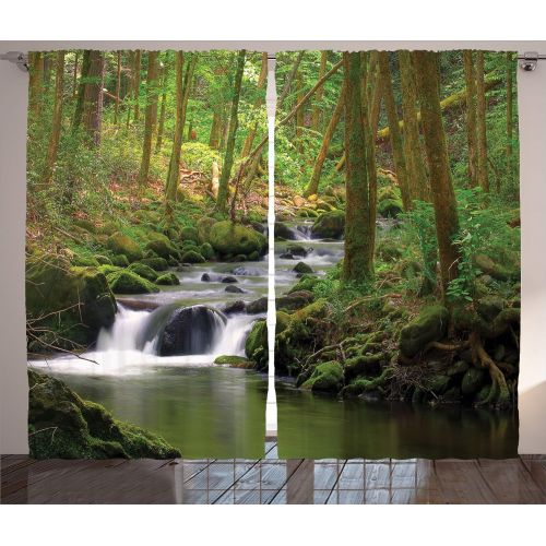  Ambesonne Jungle Curtains Lake House Decor, Stream Flowing in The Forest Over Mossy Rocks Tree Foliage Splash Summertime Hiking View, Living Room Bedroom Curtain 2 Panels Set, 108