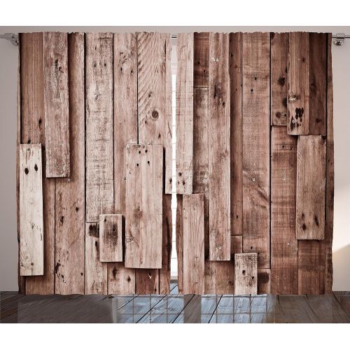  Ambesonne Wooden Curtains 2 Panel Set, Rustic Floor Planks Print Grungy Look Farm House Country Style Walnut Oak Grain Image, Living Room Bedroom Decor, 108 W X 84 L inches, Brown