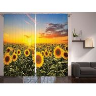 Ambesonne Mediterranean Farmhouse Country for Home Decor, Sunflowers Field in Spring Sunset Habitat Scenery, Living Room Bedroom Curtain 2 Panels Set, 108 X 84 inches, Green Yellow