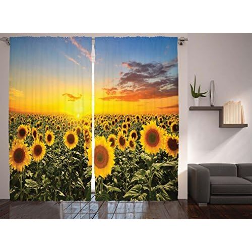  Ambesonne Mediterranean Farmhouse Country for Home Decor, Sunflowers Field in Spring Sunset Habitat Scenery, Living Room Bedroom Curtain 2 Panels Set, 108 X 84 inches, Green Yellow