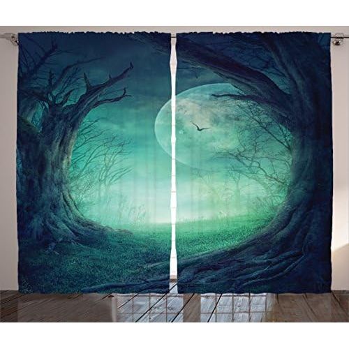  Ambesonne Gothic Decor Curtains 2 Panel Set, Misty Horror Illustration of Autumn Valley with Woods Spooky Tree and Full Moon Scene, Living Room Bedroom Decor, 108 W X 84 L inches,