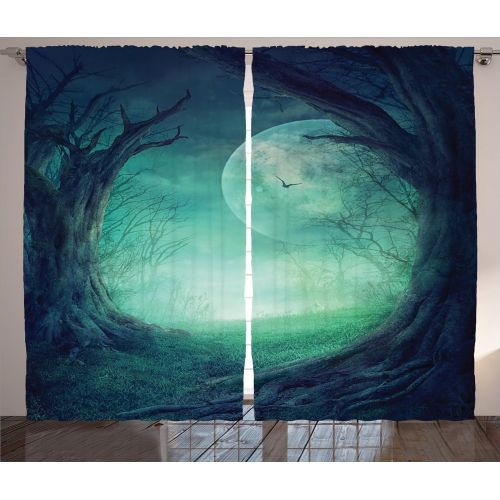  Ambesonne Gothic Decor Curtains 2 Panel Set, Misty Horror Illustration of Autumn Valley with Woods Spooky Tree and Full Moon Scene, Living Room Bedroom Decor, 108 W X 84 L inches,