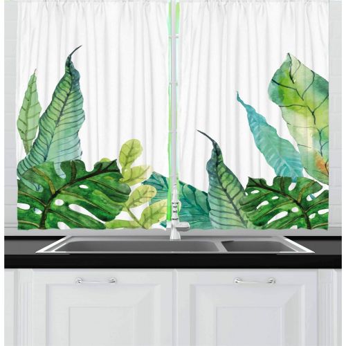  Ambesonne Kitchen Decor Collection, Tropical Floral Flamingo Pineapple Hawaiian Flowers Bananas Triangles Retro Style, Window Treatments for Kitchen Curtains 2 Panels, 55X39 Inches