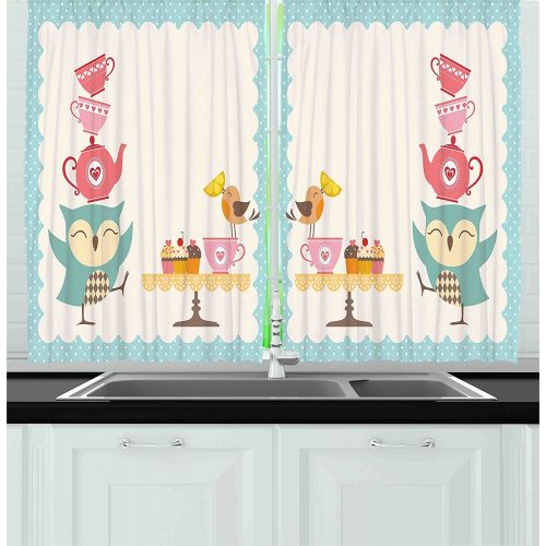  Ambesonne Kitchen Decor Collection, Owl at Tea Party Bird with Lemon Cupcakes and Teacups Vintage Design Border Art, Window Treatments for Kitchen Curtains 2 Panels, 55X39 Inches,